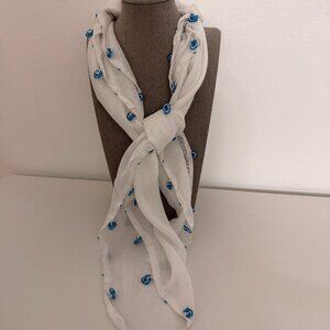 Collectable Traditional Vintage Turkish 40s-50s Oya Scarf White & Blue Bead Lace